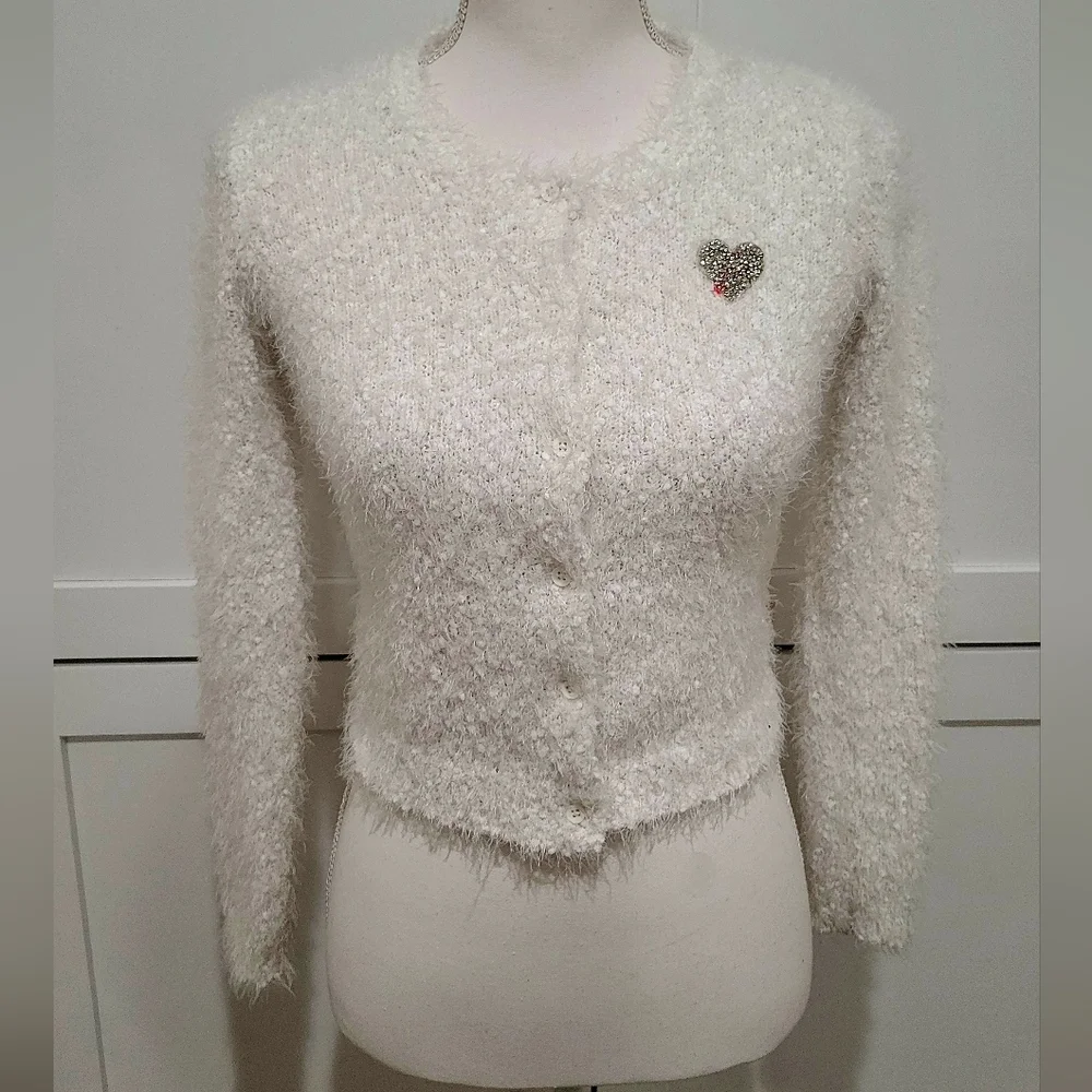 Billieblush White Fuzzy Knit Cardigan Sweater with Sequin Heart | Size 10